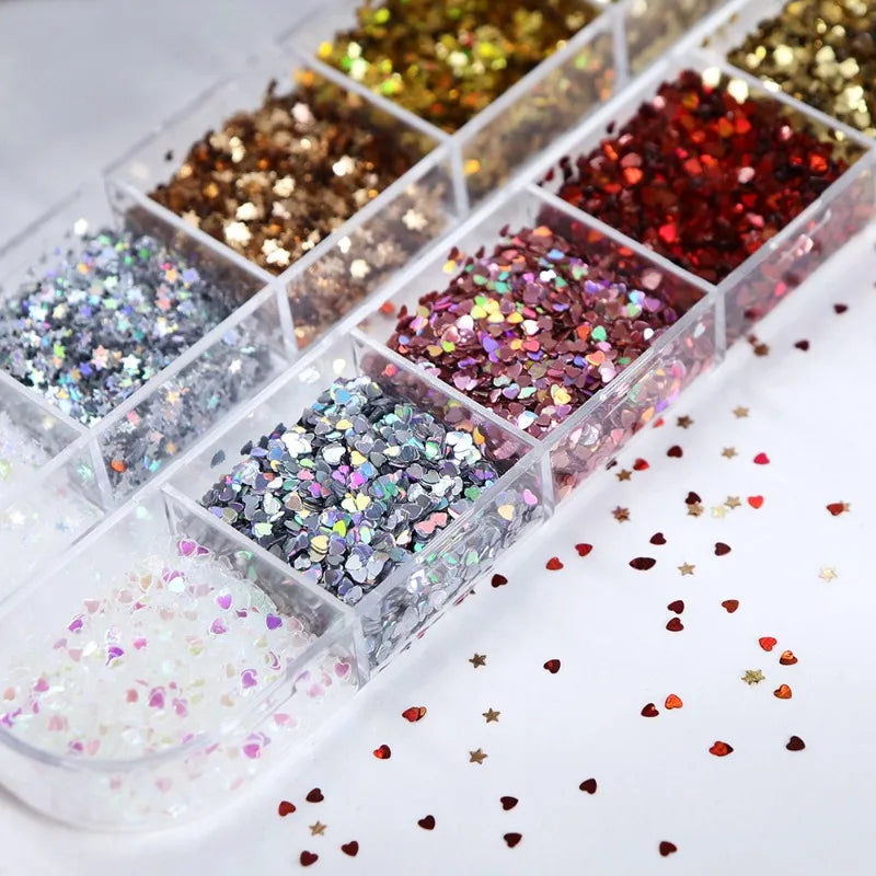 Holographic Love Heart Star Nail Art Sequins 1mm Heart Star Shape Flakes Nail Art Charms Japanese Korean Manicure DIY Decoration