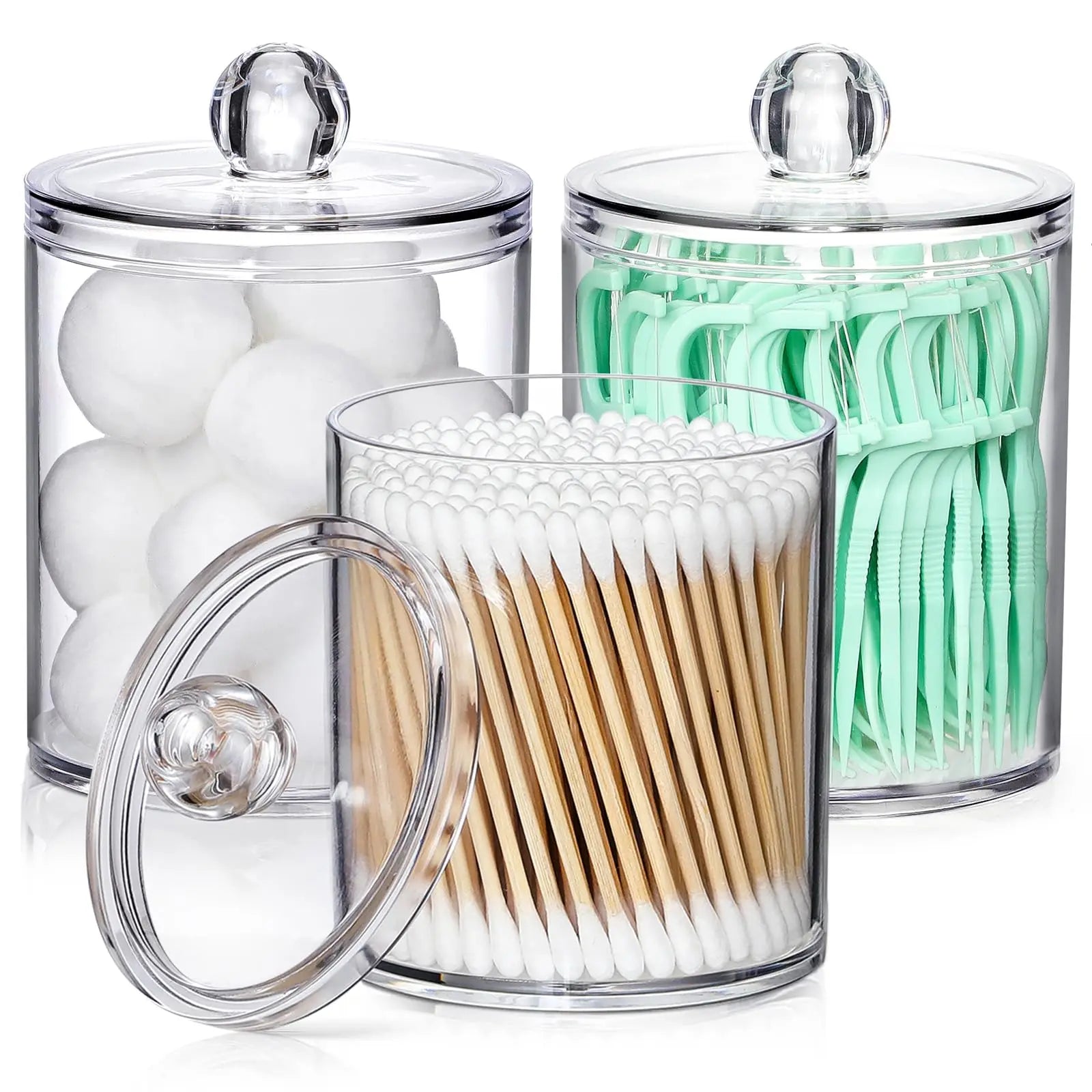 4 Pack Acrylic Qtip Holder Dispenser for Cotton Swabs, Balls, Pads, Floss Picks- Small Clear Vanity Makeup Storage Box Organizer