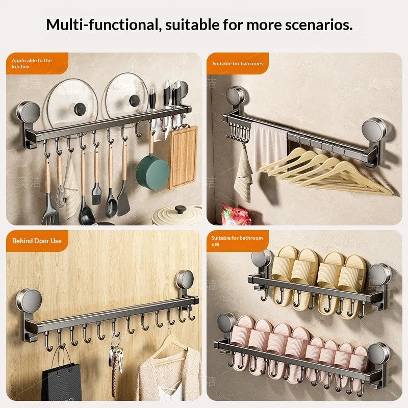 Suction Cup Kitchen Storage Rack Hook Rod No Drill Required Pot Spatula Spoon Knife Integrated Wall-Mounted Storage Rack