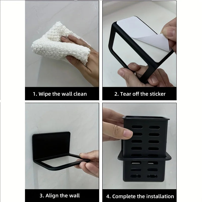 Black Wall-mounted Toothpaste & Toothbrush Holders. Storage box for bathroom items, phones & AC remotes. Traceless installation.