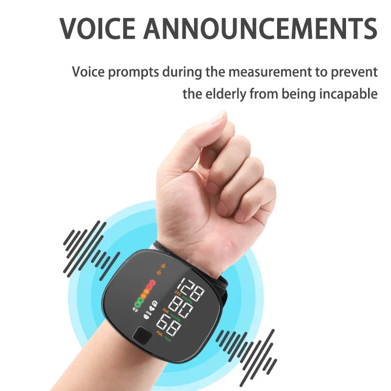 New LED Wrist Blood Pressure Monitor Rechargeable English Voice Broadcast Sphygmomanometer Tonometer BP Monitor