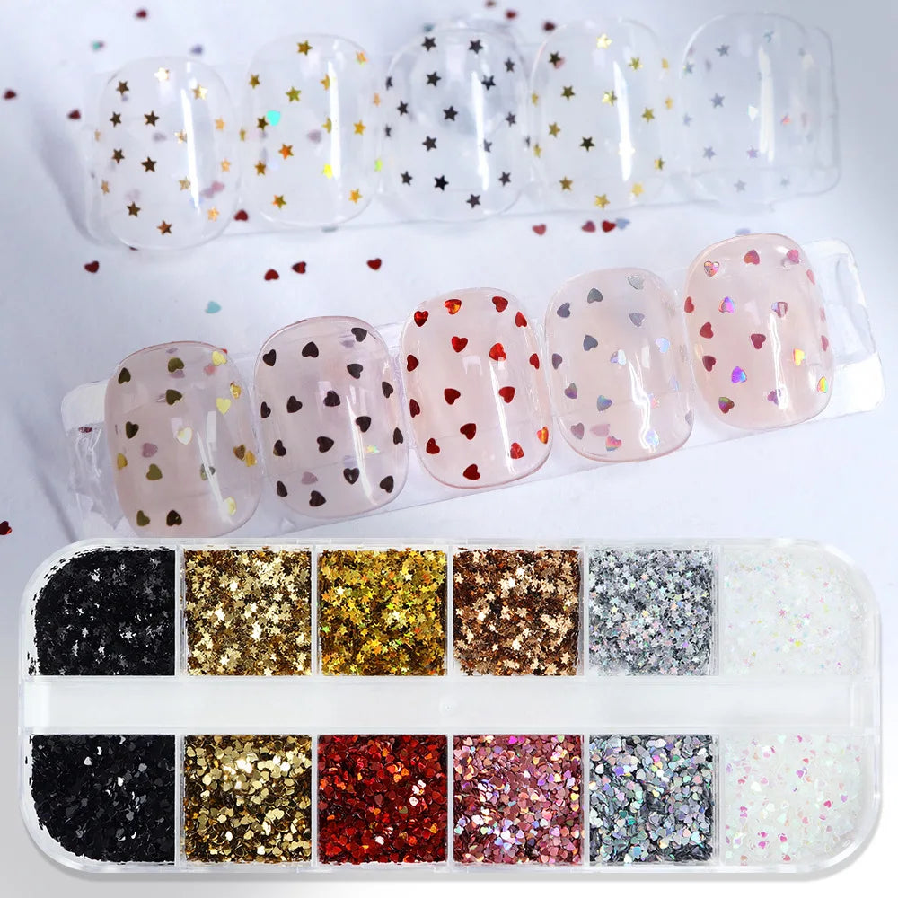Holographic Love Heart Star Nail Art Sequins 1mm Heart Star Shape Flakes Nail Art Charms Japanese Korean Manicure DIY Decoration