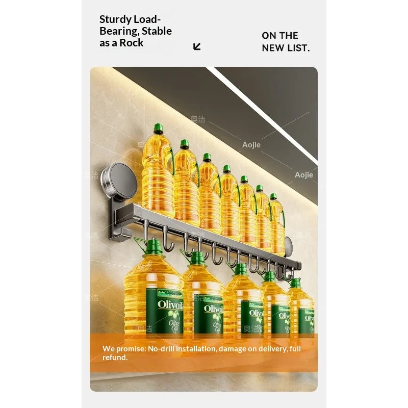 Suction Cup Kitchen Storage Rack Hook Rod No Drill Required Pot Spatula Spoon Knife Integrated Wall-Mounted Storage Rack