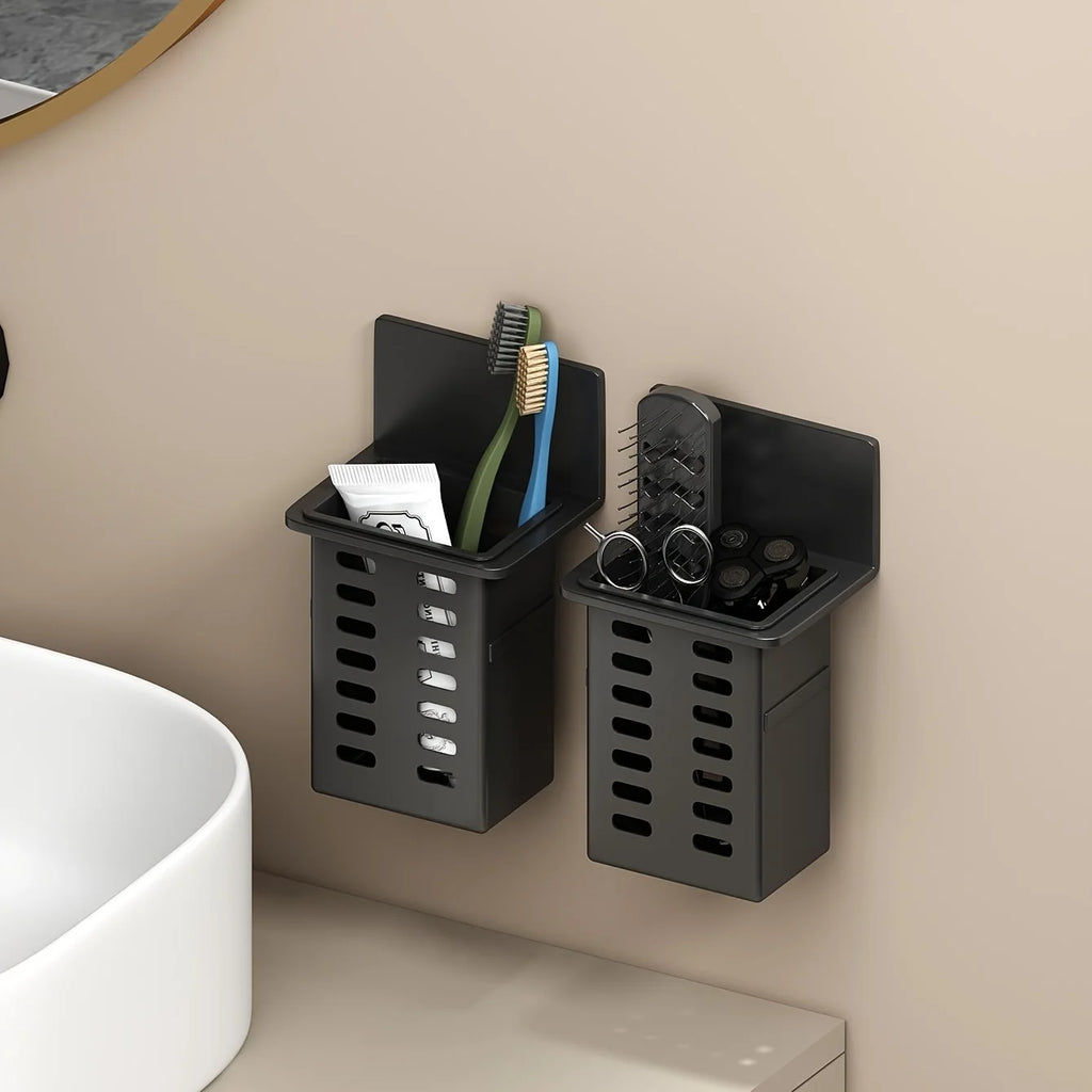 Black Wall-mounted Toothpaste & Toothbrush Holders. Storage box for bathroom items, phones & AC remotes. Traceless installation.