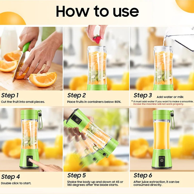 Portable Blender Electric Juicer Stainless Steel Blade 380ml Mini Juice Cup Smoothie Juice Blender Suitable for Commuting