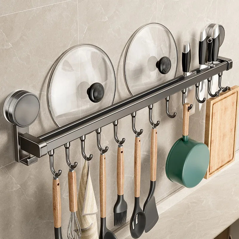 Suction Cup Kitchen Storage Rack Hook Rod No Drill Required Pot Spatula Spoon Knife Integrated Wall-Mounted Storage Rack