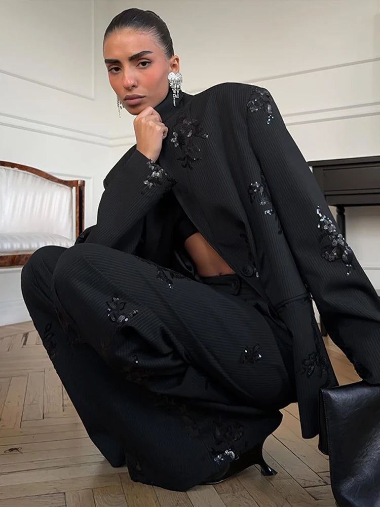 Woman Pants Set Sequin Suits Lapel Collar Coats Blazer Tops Wide Leg Trousers Loose Jackets 2-Piece Sets 2026 Spring New Clothes