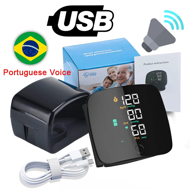 New LED Wrist Blood Pressure Monitor Rechargeable English Voice Broadcast Sphygmomanometer Tonometer BP Monitor