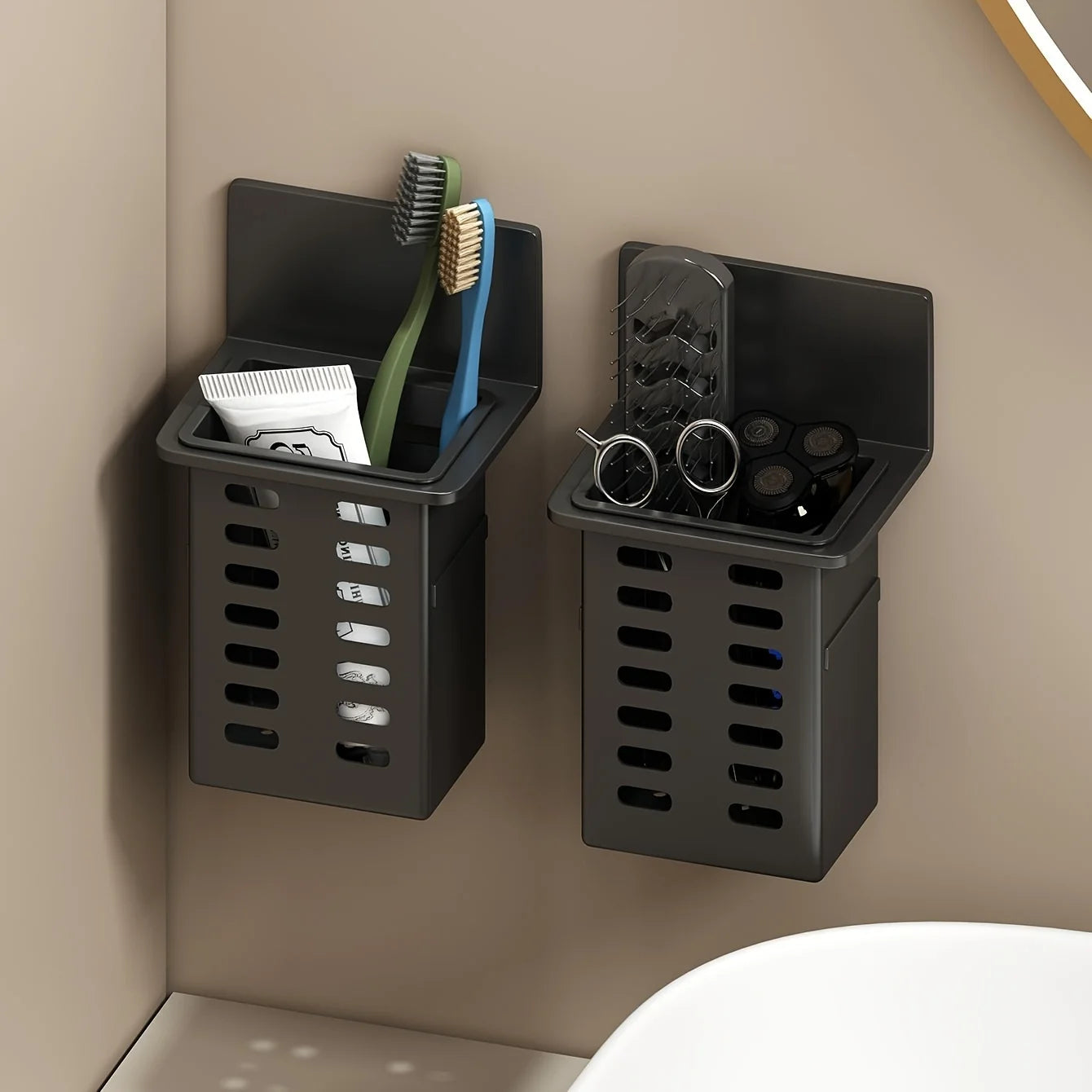 Black Wall-mounted Toothpaste & Toothbrush Holders. Storage box for bathroom items, phones & AC remotes. Traceless installation.
