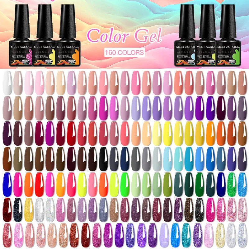 MEET ACROSS 160 Colors 7.3ml Gel Nail Polish Pink Green Blue Fluorescent Summer Glitter Varnish Semi Permanent Nail Art Gel