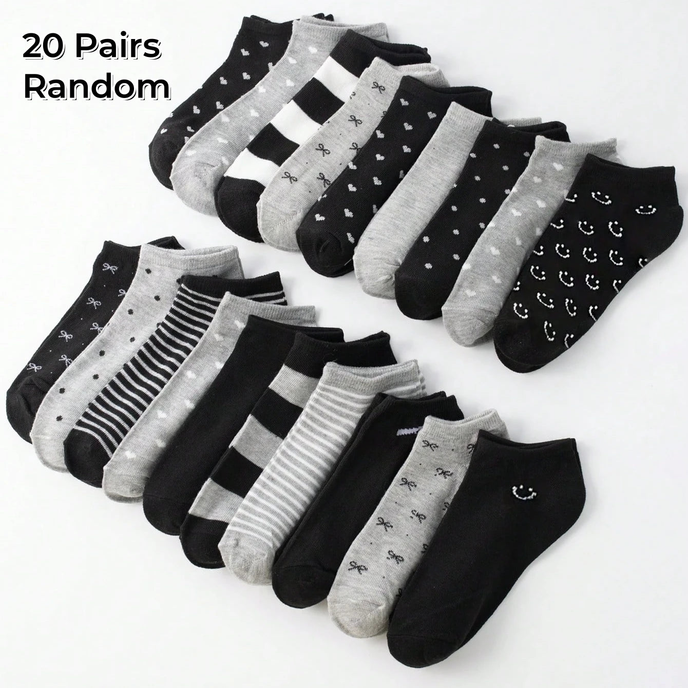 20 Pairs Women/Men Family Matching Short Socks, Black & Grey Series With Bow, Heart, Stripe