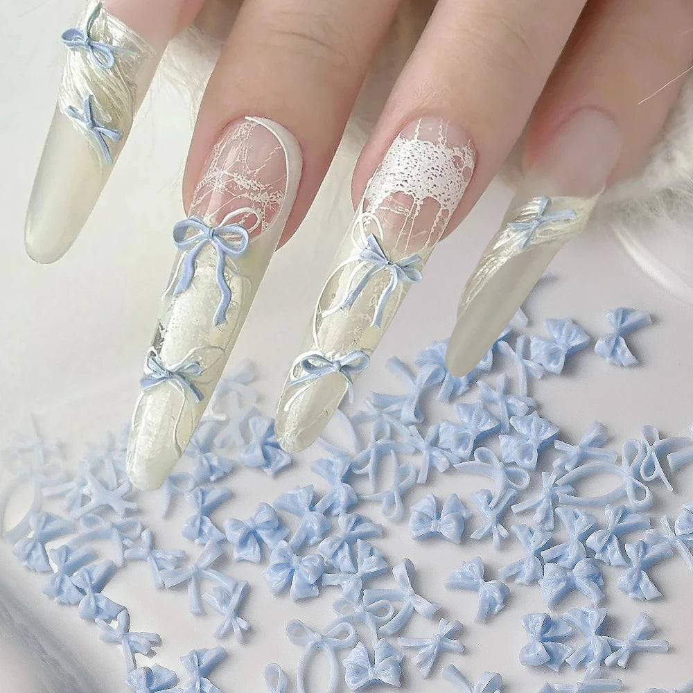 100pcs 3D Baby Blue Mixed Bowknot Nail Art Decorations Resin Sweet Ribbon Bows Nails Charms for DIY Crafts Manicure Accessories