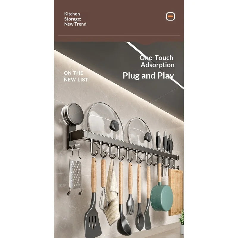 Suction Cup Kitchen Storage Rack Hook Rod No Drill Required Pot Spatula Spoon Knife Integrated Wall-Mounted Storage Rack