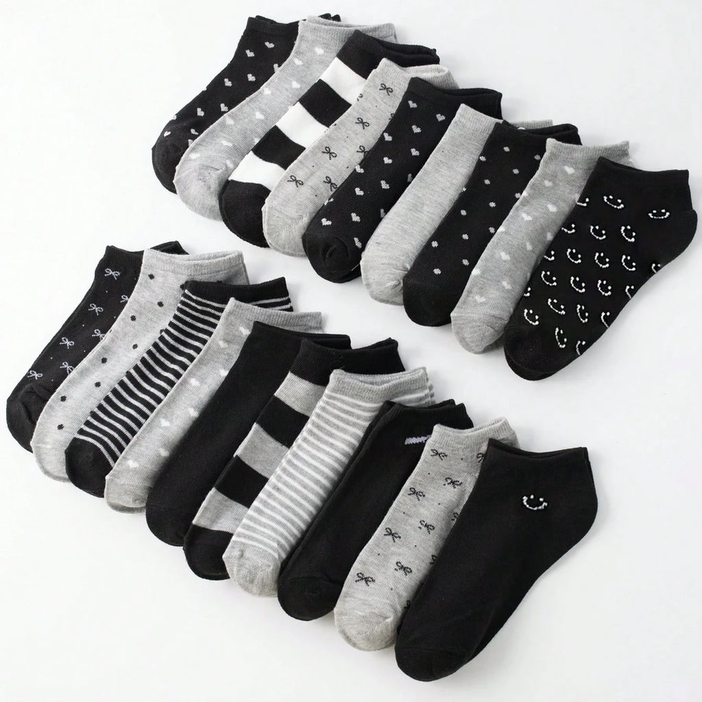 20 Pairs Women/Men Family Matching Short Socks, Black & Grey Series With Bow, Heart, Stripe