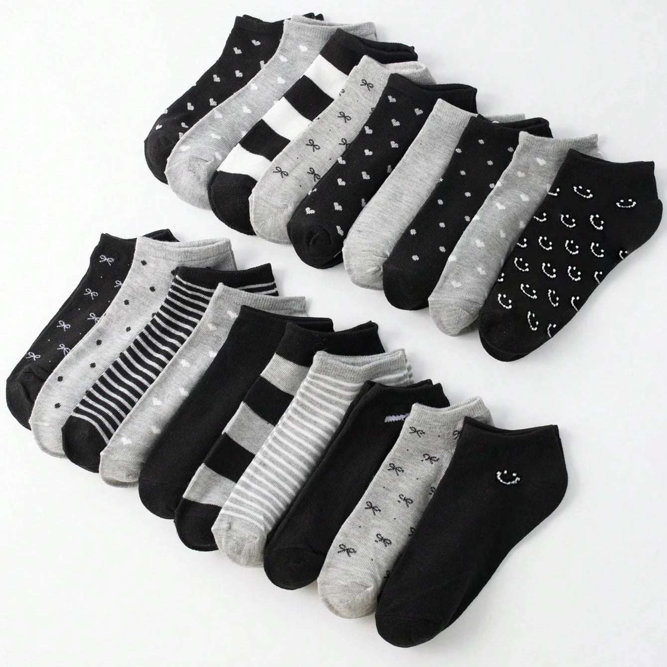 20 Pairs Women/Men Family Matching Short Socks, Black & Grey Series With Bow, Heart, Stripe