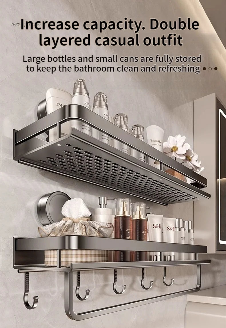 No Drill Suction Cup Adhesive Bathroom Rack Bathroom Shelf Toilet Aluminum Hanging Rack Bathroom Organizer Hang On The Wall