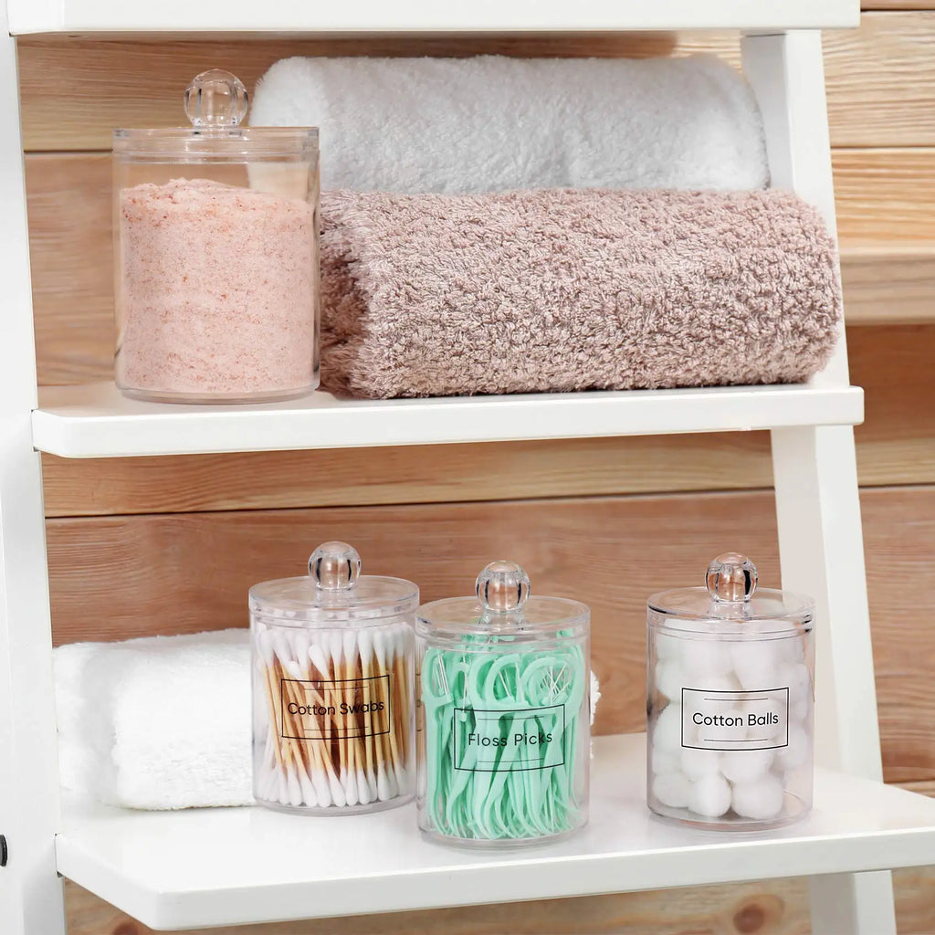 4 Pack Acrylic Qtip Holder Dispenser for Cotton Swabs, Balls, Pads, Floss Picks- Small Clear Vanity Makeup Storage Box Organizer