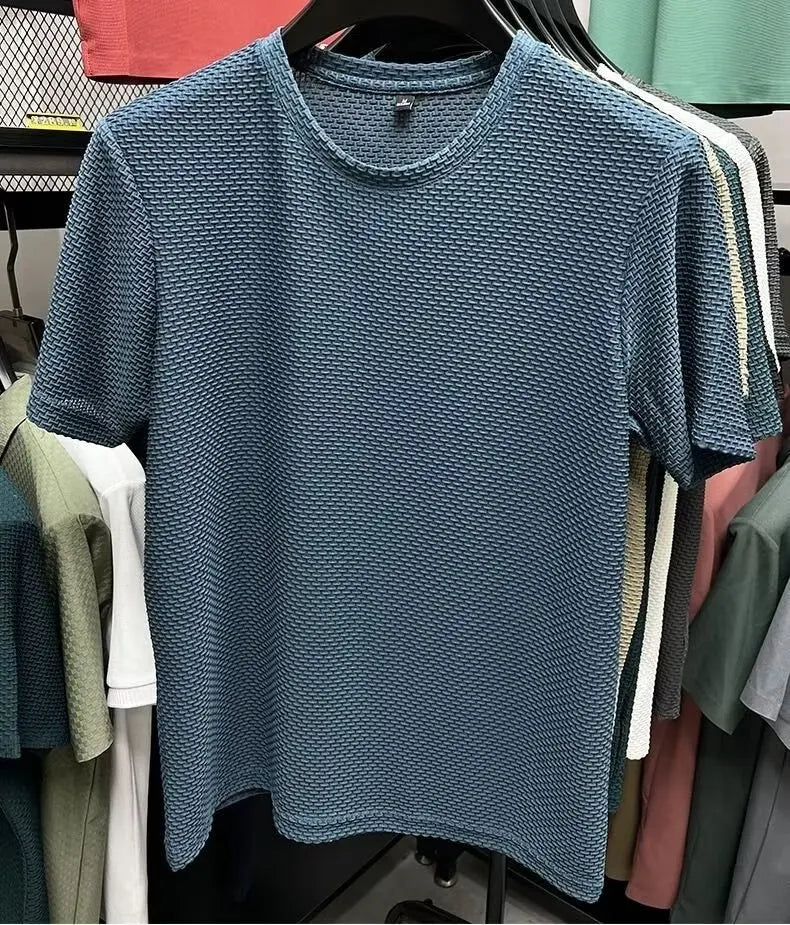 Mesh Ice Silk T-shirt Men's Short sleeved Round Neck New T-sleeved Men's Bottom Shirt Summer Solid Color Men's Top