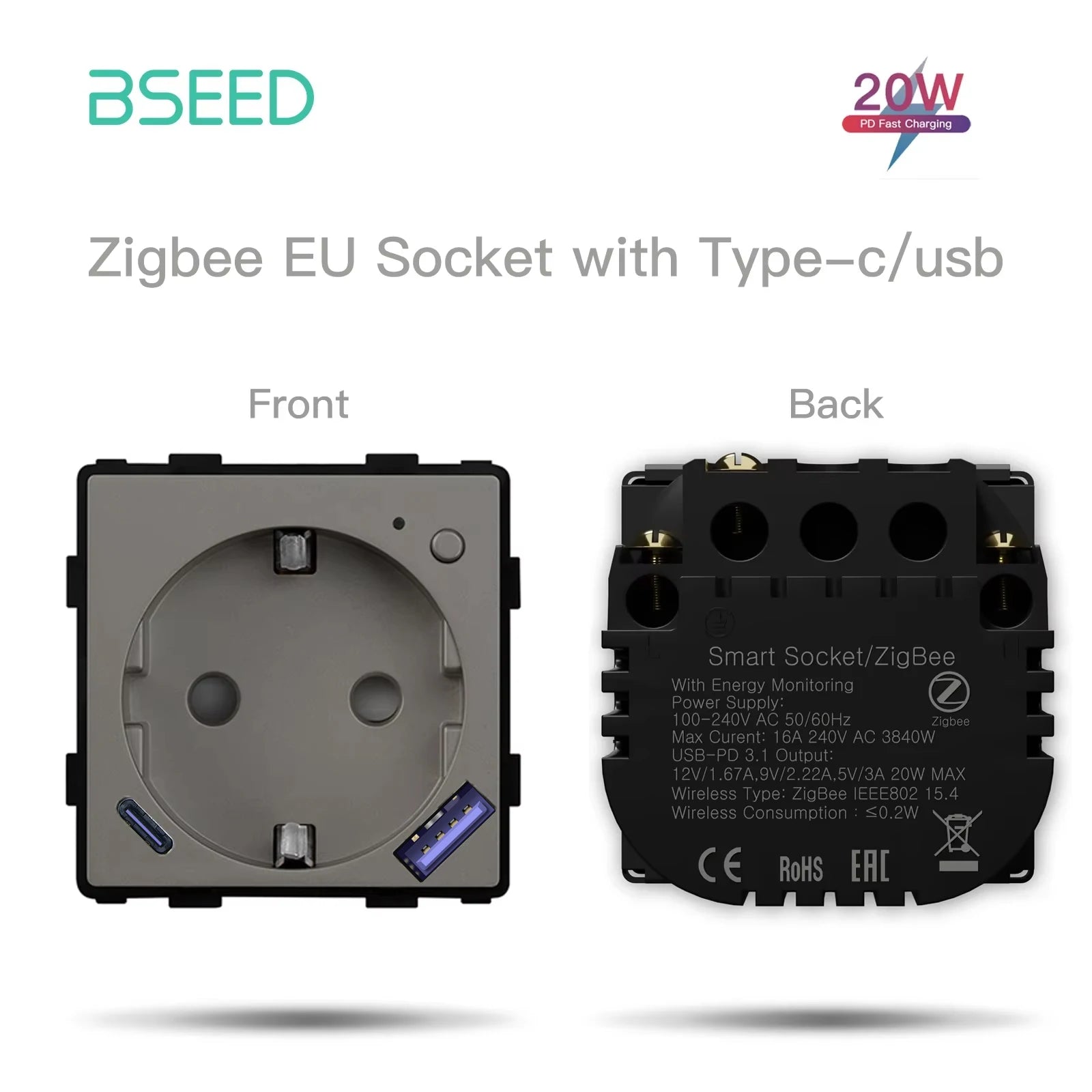 BSEED Zigbee Power Socket Tuya Smart EU Socket Plug With 20W Type-c USB Functions Parts Matte Plastic Frames DIY Accessories