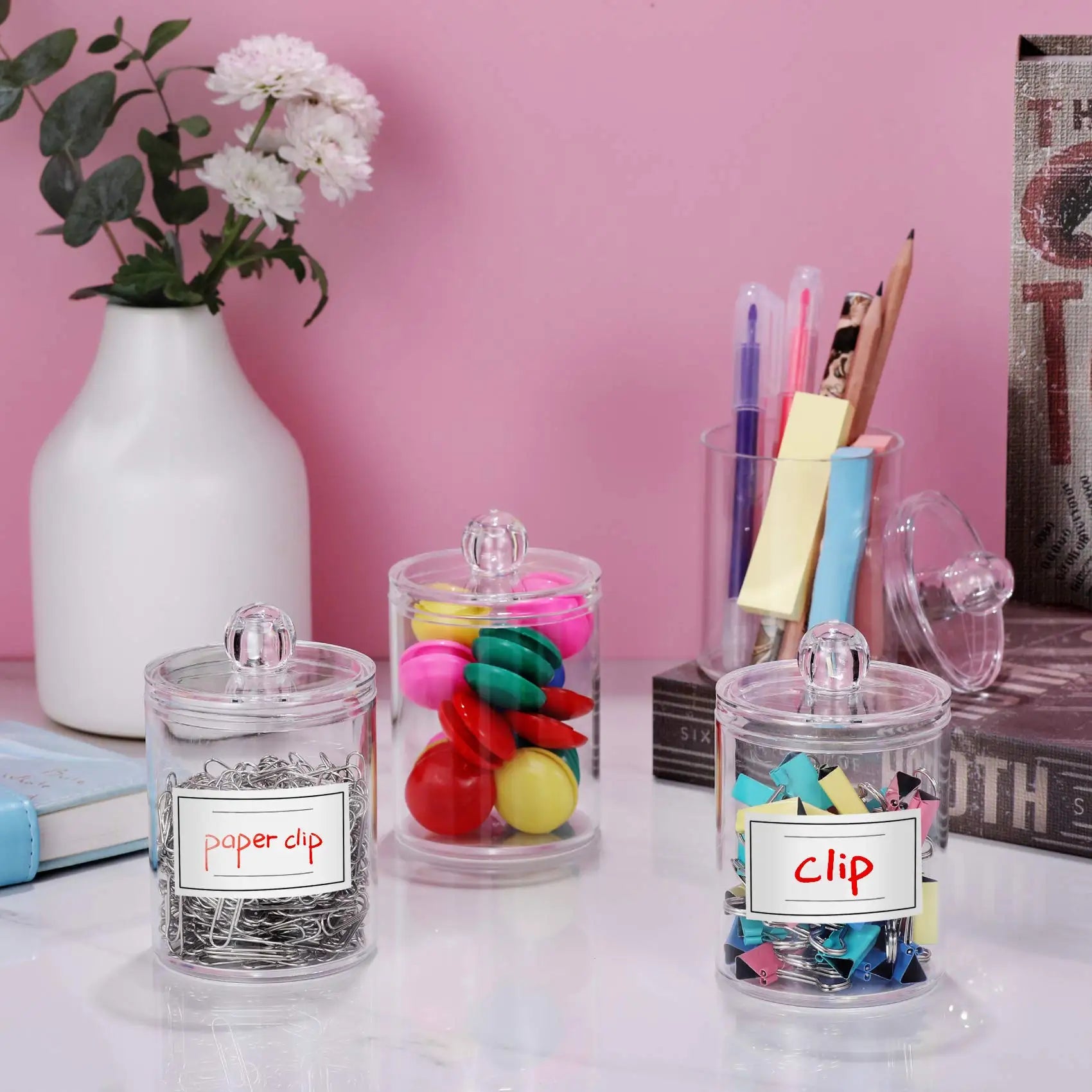 4 Pack Acrylic Qtip Holder Dispenser for Cotton Swabs, Balls, Pads, Floss Picks- Small Clear Vanity Makeup Storage Box Organizer