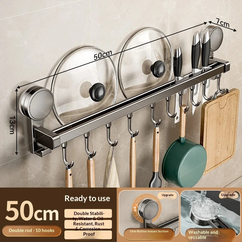 Suction Cup Kitchen Storage Rack Hook Rod No Drill Required Pot Spatula Spoon Knife Integrated Wall-Mounted Storage Rack