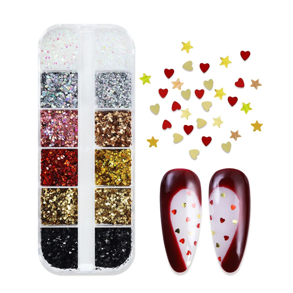 Holographic Love Heart Star Nail Art Sequins 1mm Heart Star Shape Flakes Nail Art Charms Japanese Korean Manicure DIY Decoration