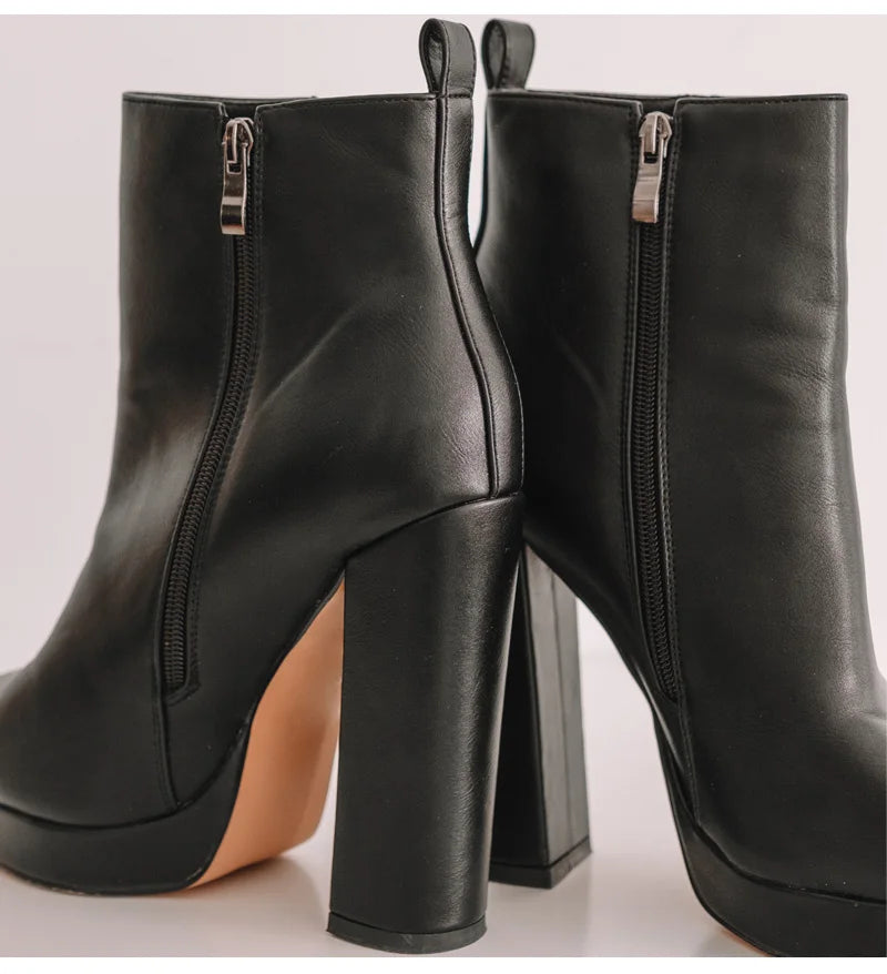 Onlymaker Women Pointed Toe Ankle Boots Black Matte Flock Chunky Heel Platform Booties Party Shoes Large Size Short Boots