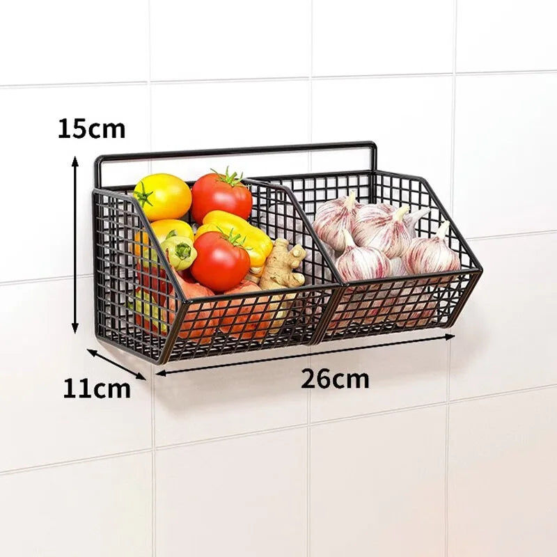 Wall Mounted Kitchen Storage Basket Suitable for Durable Metal Wire Storage of Spices, Garlic, Onions, and Vegetables