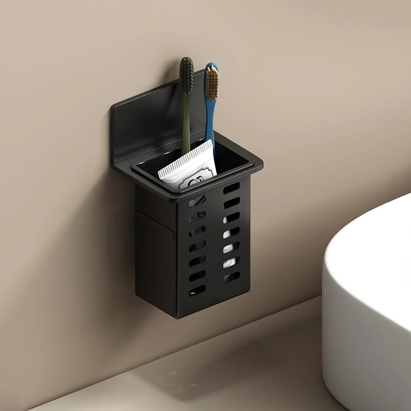 Black Wall-mounted Toothpaste & Toothbrush Holders. Storage box for bathroom items, phones & AC remotes. Traceless installation.