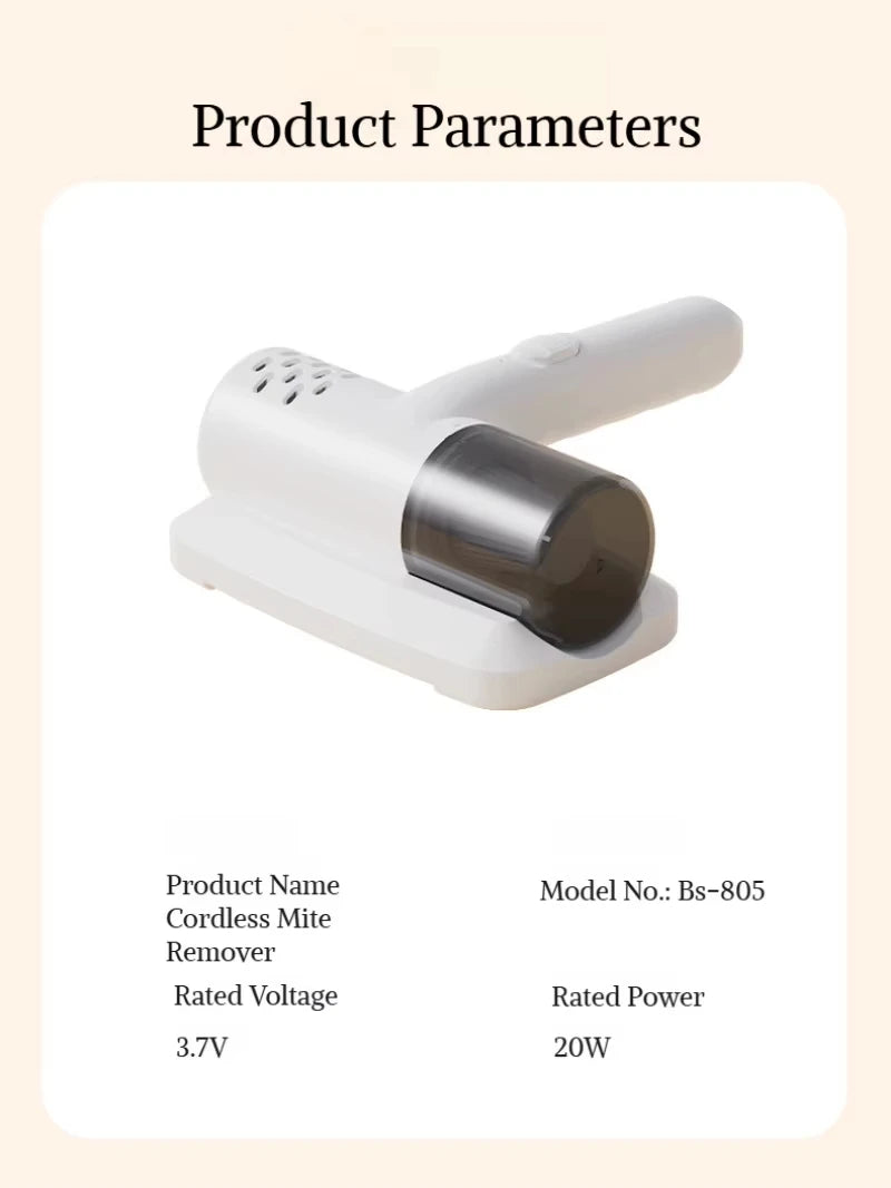 Wireless Handheld Vacuum Cleaner USB Charging Powerful Suction Portable Mite Remover for Bed Sofa Car Cleaning