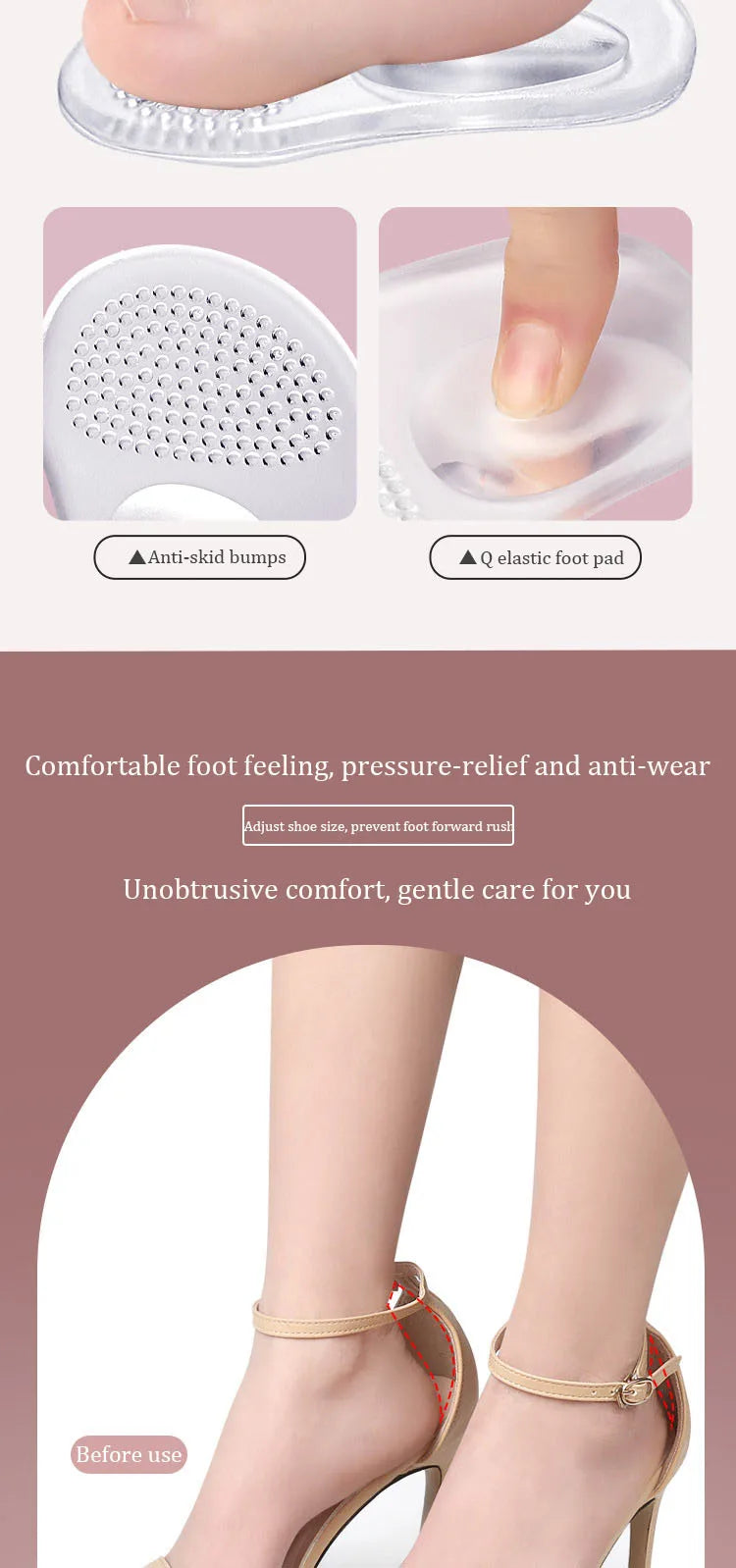 1Pair Heels Forefoot Pads Relieve Pain Orthopedic Insoles Silicone Cushion Sandals Foot Care Products GEL Non-slip Shoes Pad