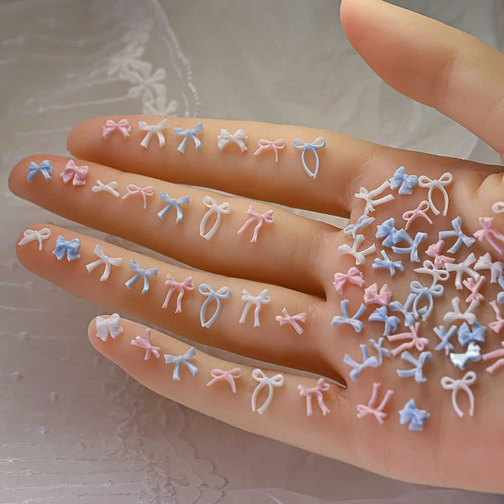 100pcs 3D Baby Blue Mixed Bowknot Nail Art Decorations Resin Sweet Ribbon Bows Nails Charms for DIY Crafts Manicure Accessories