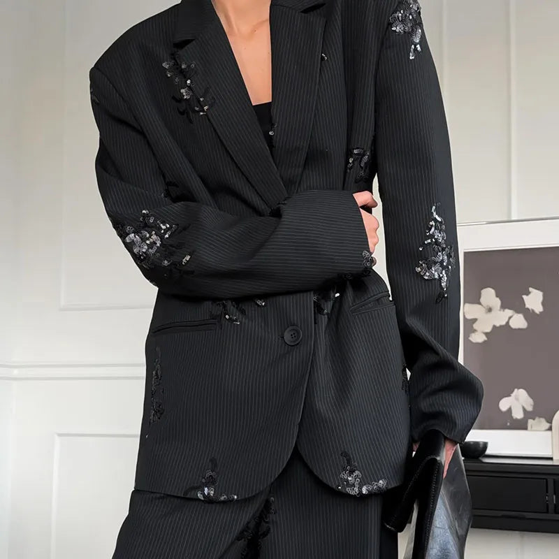 Woman Pants Set Sequin Suits Lapel Collar Coats Blazer Tops Wide Leg Trousers Loose Jackets 2-Piece Sets 2026 Spring New Clothes