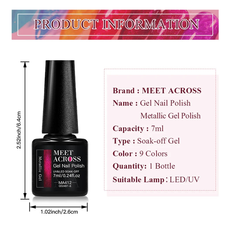 MEET ACROSS 7ml Shimmer Metallic Nail Gel Polish Glitter Mirror Effect Nail Supplies Vernis Gel for Nails UV/LED DIY Manicure