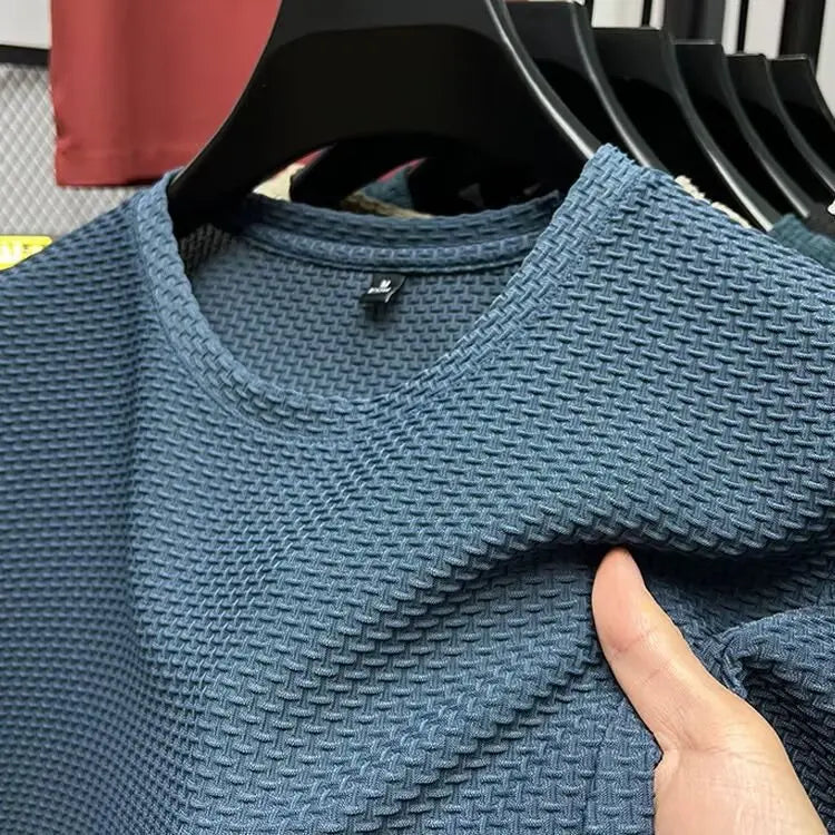 Mesh Ice Silk T-shirt Men's Short sleeved Round Neck New T-sleeved Men's Bottom Shirt Summer Solid Color Men's Top