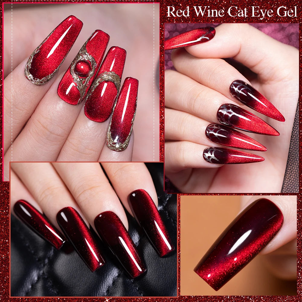 PUENTE 7.5ML Wine Red Cat Magnetic Gel Nail Polish Super Shiny Ruby Red Cat Eye Gel Soak Off UV Semi-Permanent Nail Art Varnish