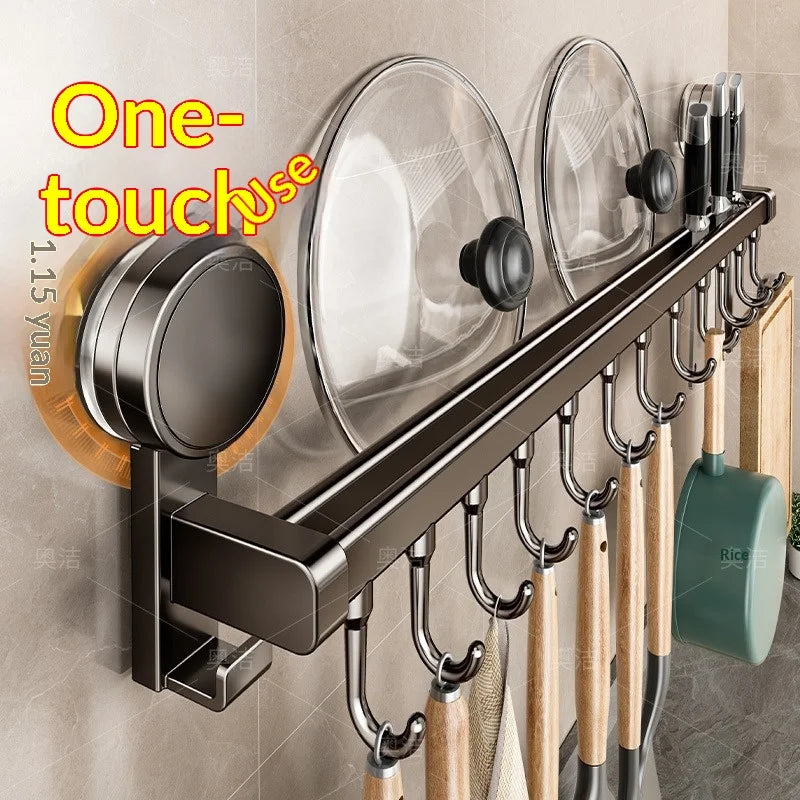 Suction Cup Kitchen Storage Rack Hook Rod No Drill Required Pot Spatula Spoon Knife Integrated Wall-Mounted Storage Rack