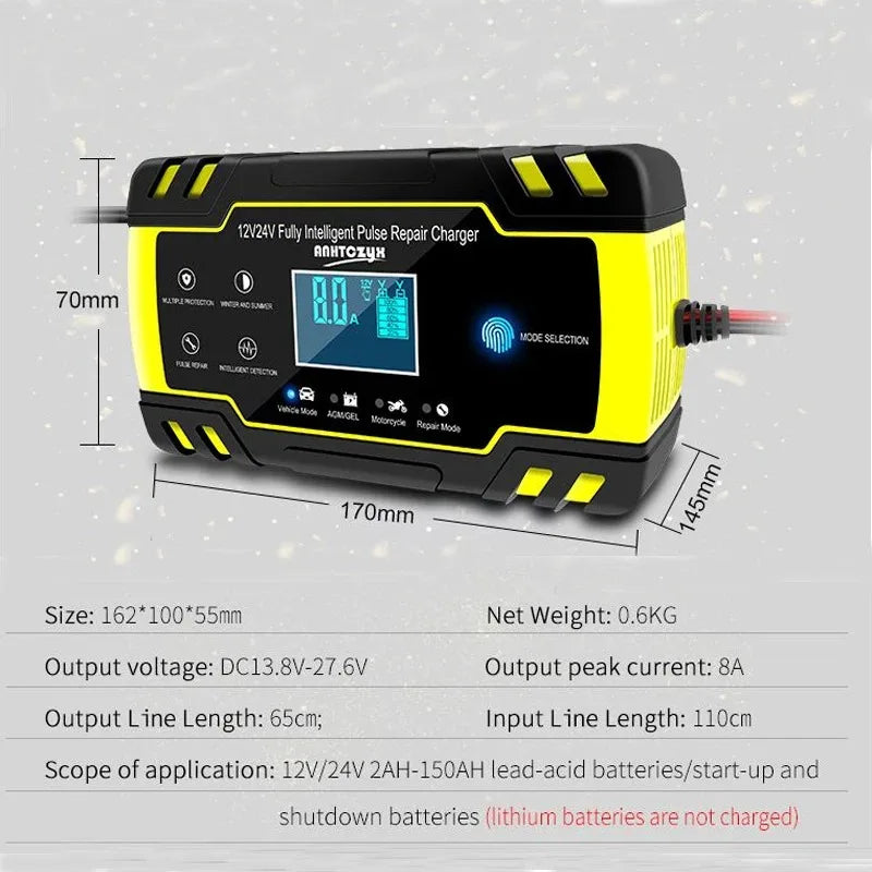 Car Battery Charger 12V 24V Pulse Repair LCD Display Smart Fast Charge AGM Deep Cycle GEL Lead-Acid Charger For Auto Motorcycle