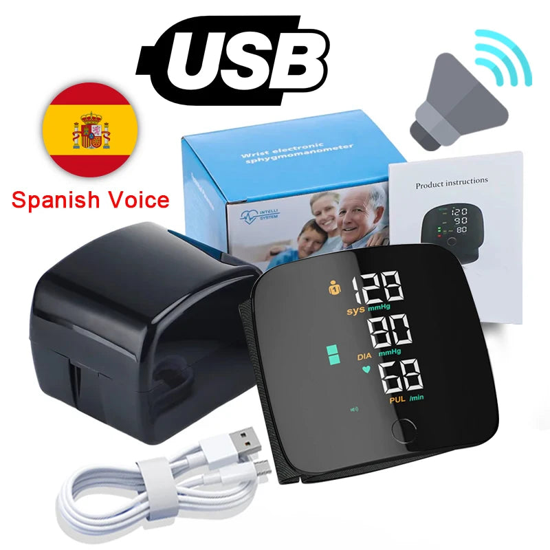New LED Wrist Blood Pressure Monitor Rechargeable English Voice Broadcast Sphygmomanometer Tonometer BP Monitor