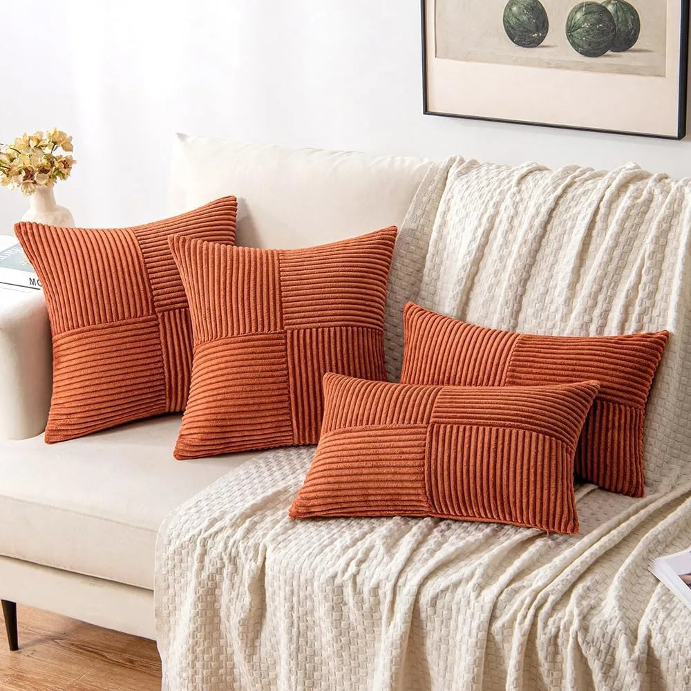 Rust Boho Throw Pillow Cover 18x18 Inch for Couch Bed Sofa Soft Corss Corduroy Patchwork Textured Terracotta Accent Cushion Case
