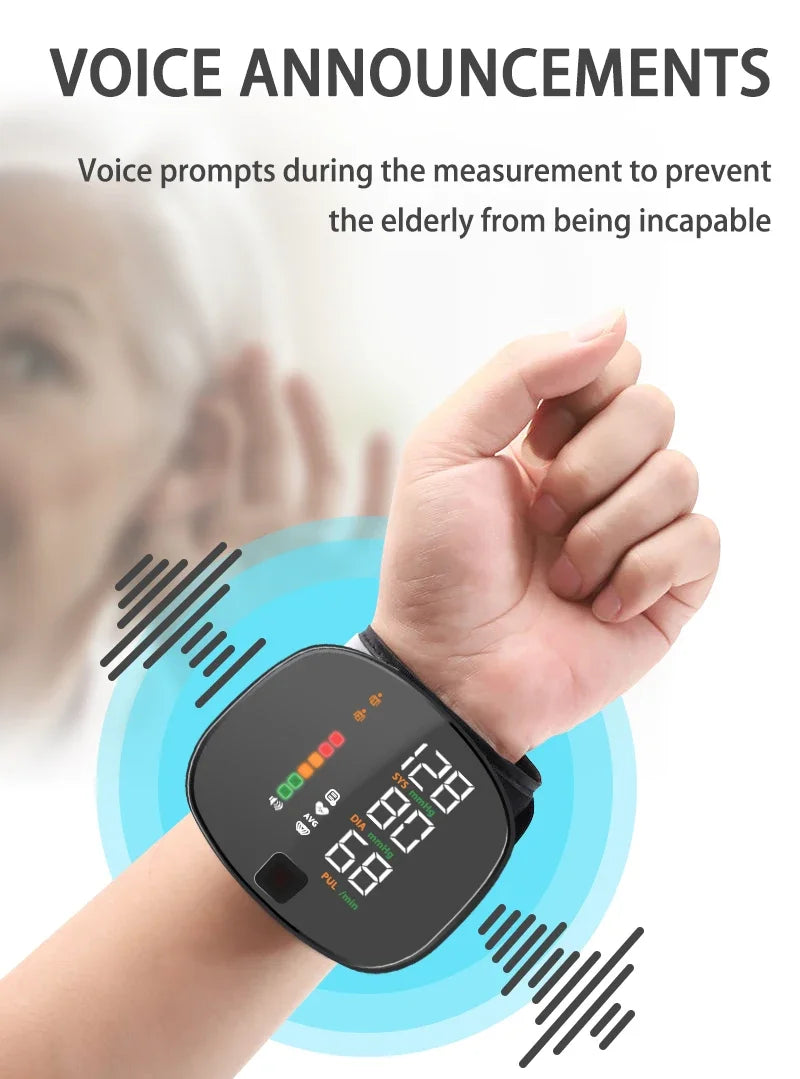 New LED Wrist Blood Pressure Monitor Rechargeable English Voice Broadcast Sphygmomanometer Tonometer BP Monitor