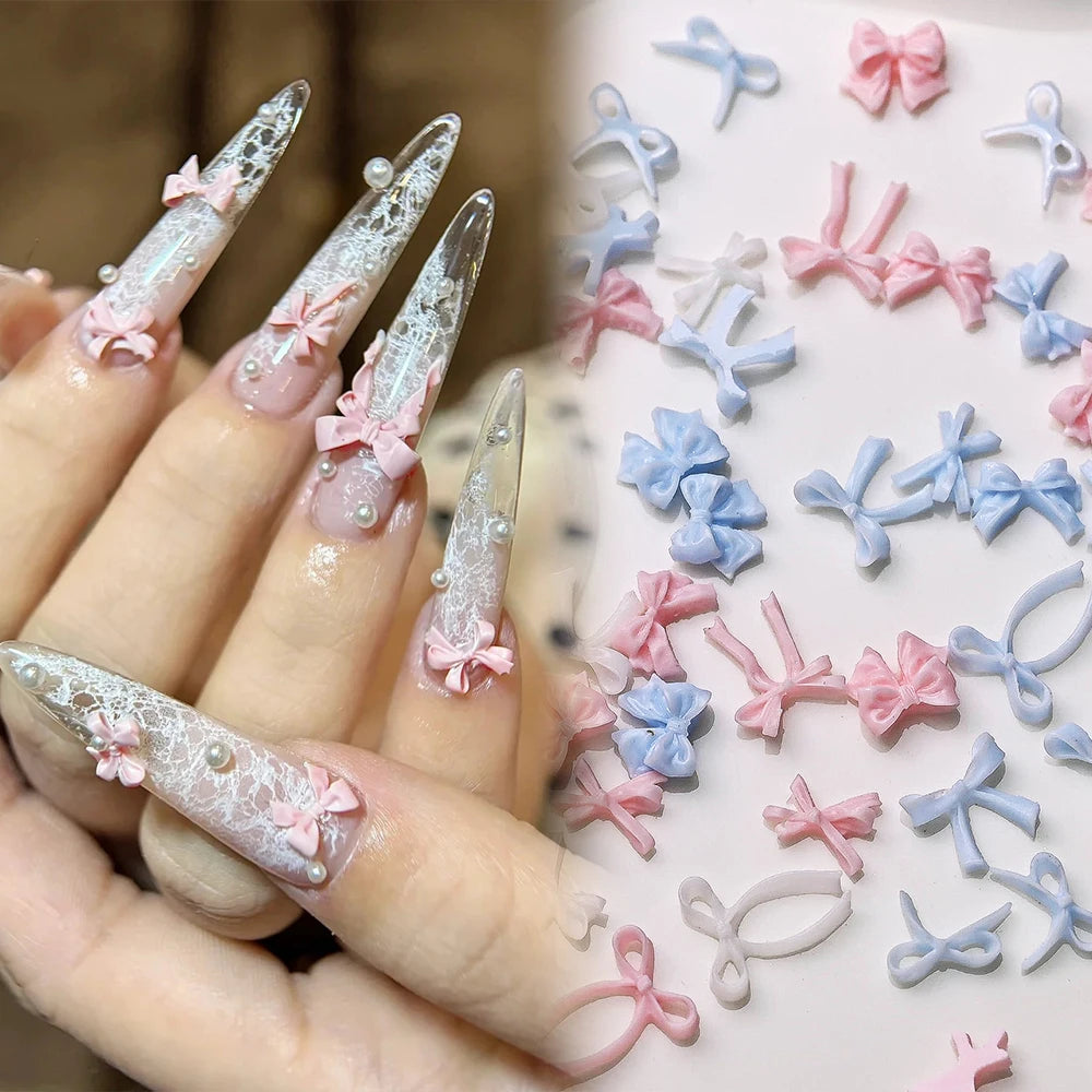 100pcs 3D Baby Blue Mixed Bowknot Nail Art Decorations Resin Sweet Ribbon Bows Nails Charms for DIY Crafts Manicure Accessories
