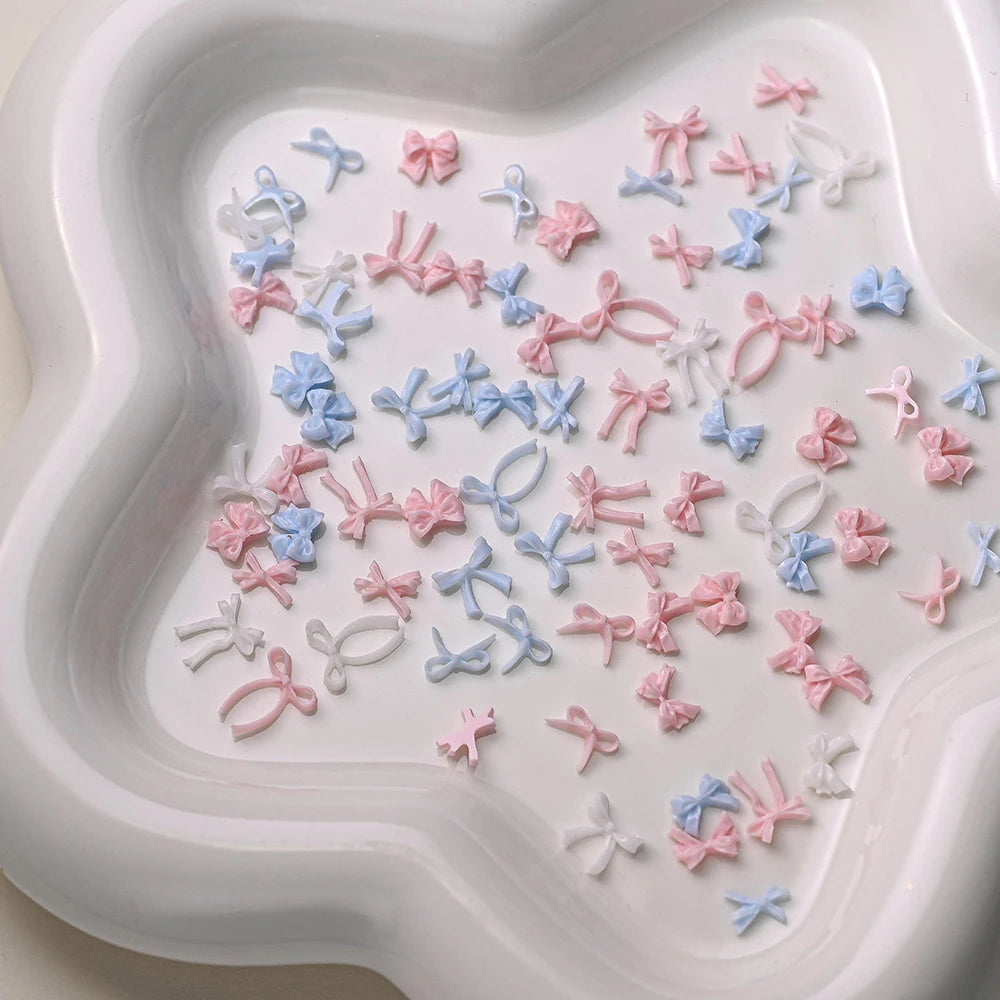 100pcs 3D Baby Blue Mixed Bowknot Nail Art Decorations Resin Sweet Ribbon Bows Nails Charms for DIY Crafts Manicure Accessories