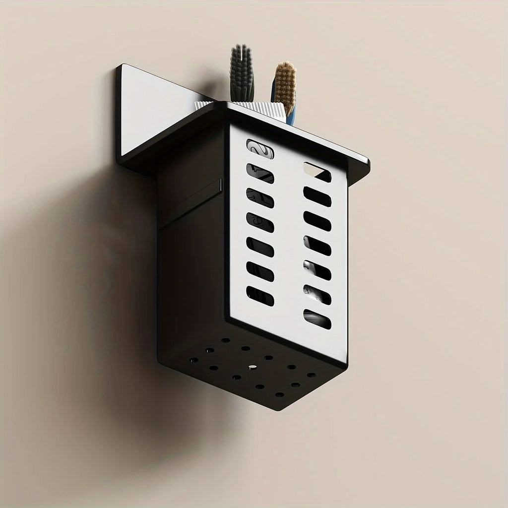 Black Wall-mounted Toothpaste & Toothbrush Holders. Storage box for bathroom items, phones & AC remotes. Traceless installation.