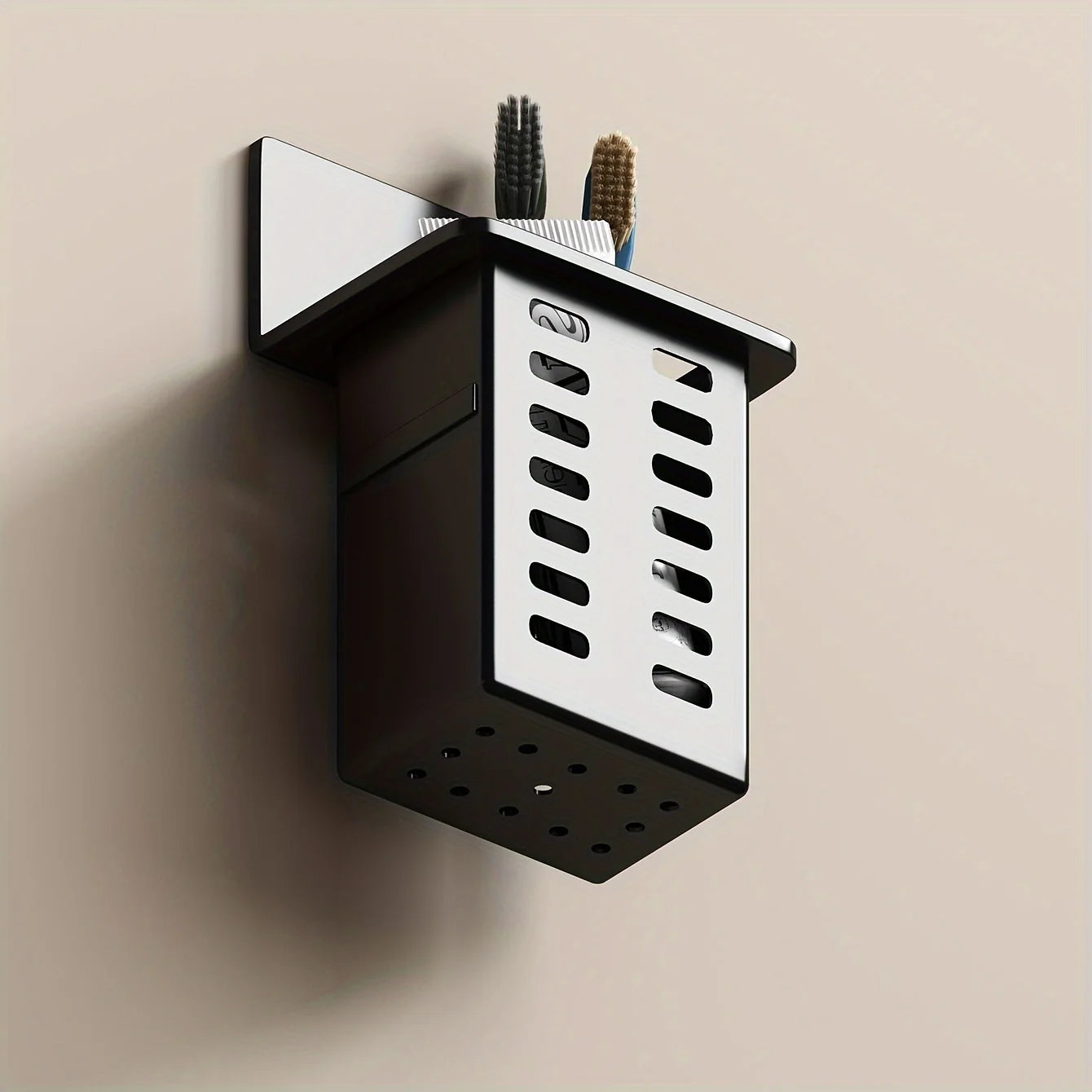 Black Wall-mounted Toothpaste & Toothbrush Holders. Storage box for bathroom items, phones & AC remotes. Traceless installation.
