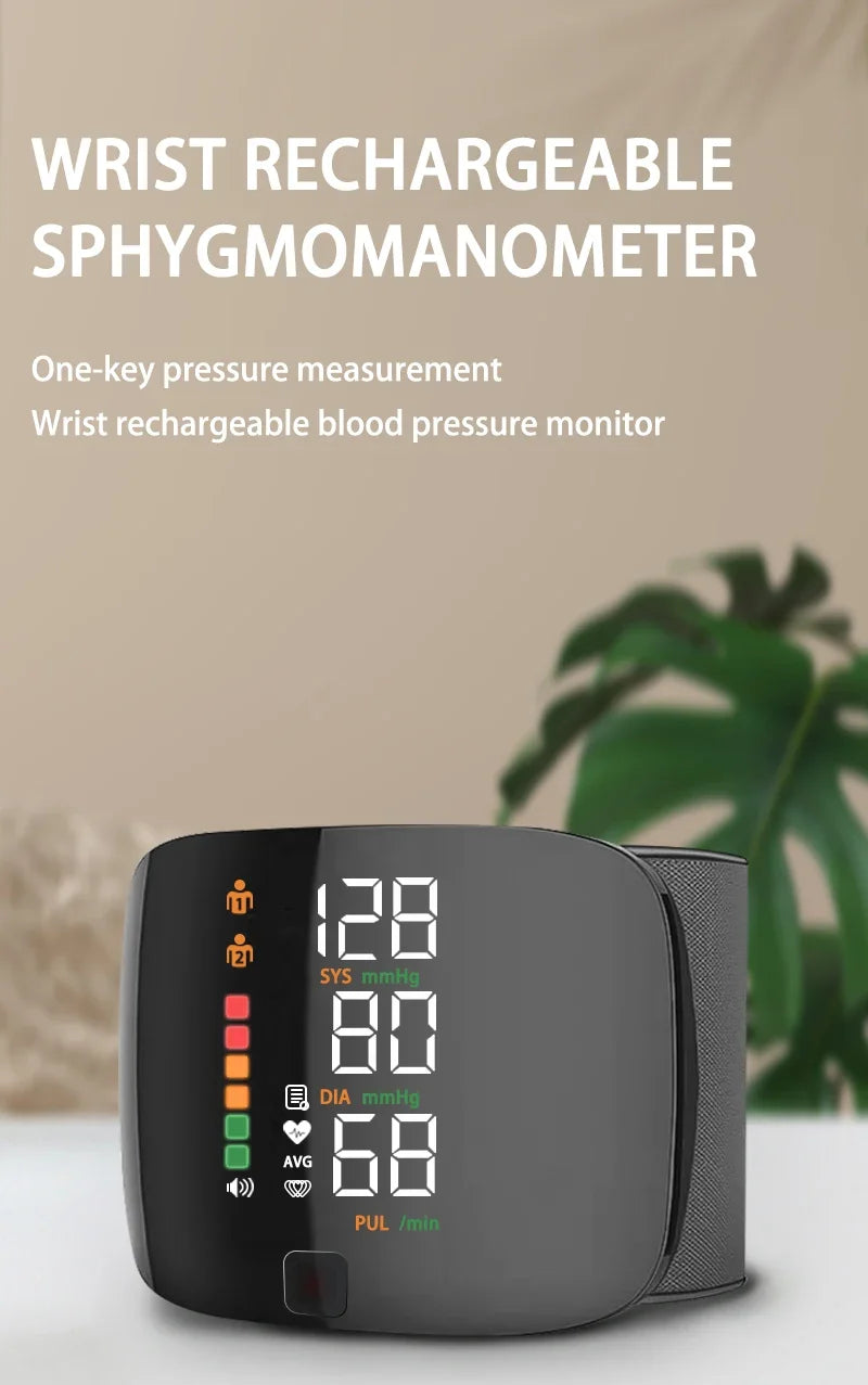 New LED Wrist Blood Pressure Monitor Rechargeable English Voice Broadcast Sphygmomanometer Tonometer BP Monitor