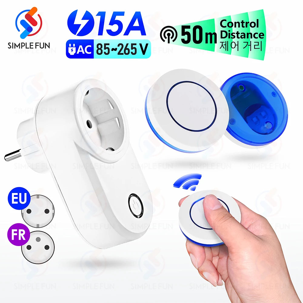 Wireless Remote Control Socket 220V 110V EU FR Smart Plug,50m Control Range,Power Outlet 15A for Home Appliance Light Fan
