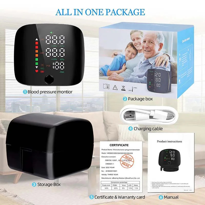 New LED Wrist Blood Pressure Monitor Rechargeable English Voice Broadcast Sphygmomanometer Tonometer BP Monitor