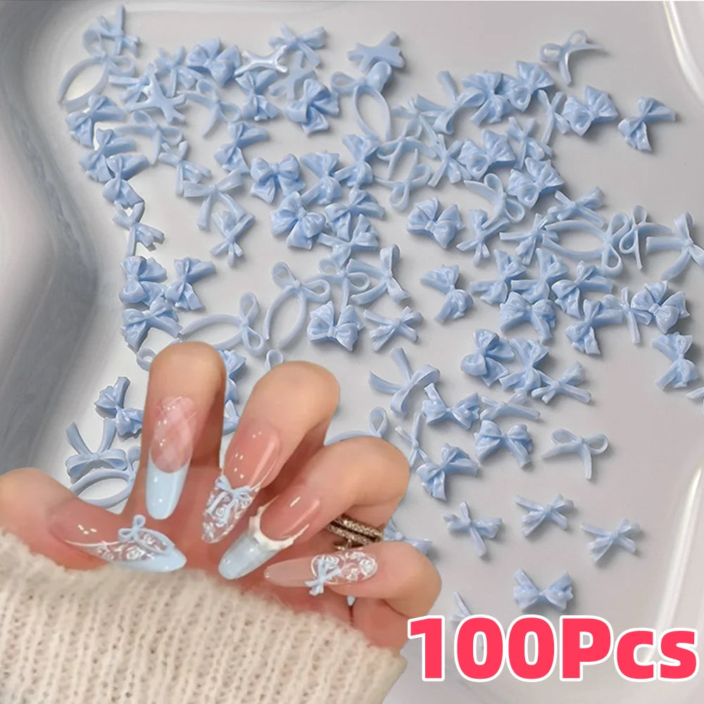 100pcs 3D Baby Blue Mixed Bowknot Nail Art Decorations Resin Sweet Ribbon Bows Nails Charms for DIY Crafts Manicure Accessories