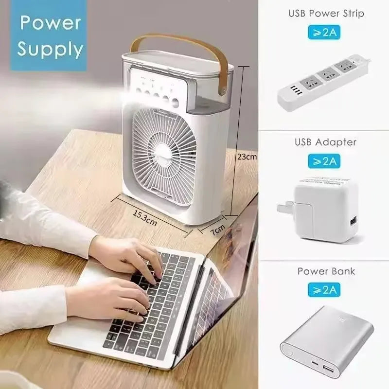 3-in-1 portable humidifying fan, mini USB air conditioning fan with LED night light function, water mist humidification, fun hom